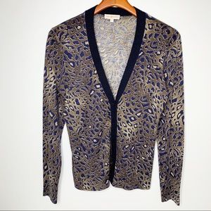 TORY BURCH Blue Animal Print Merino Wool Cardigan